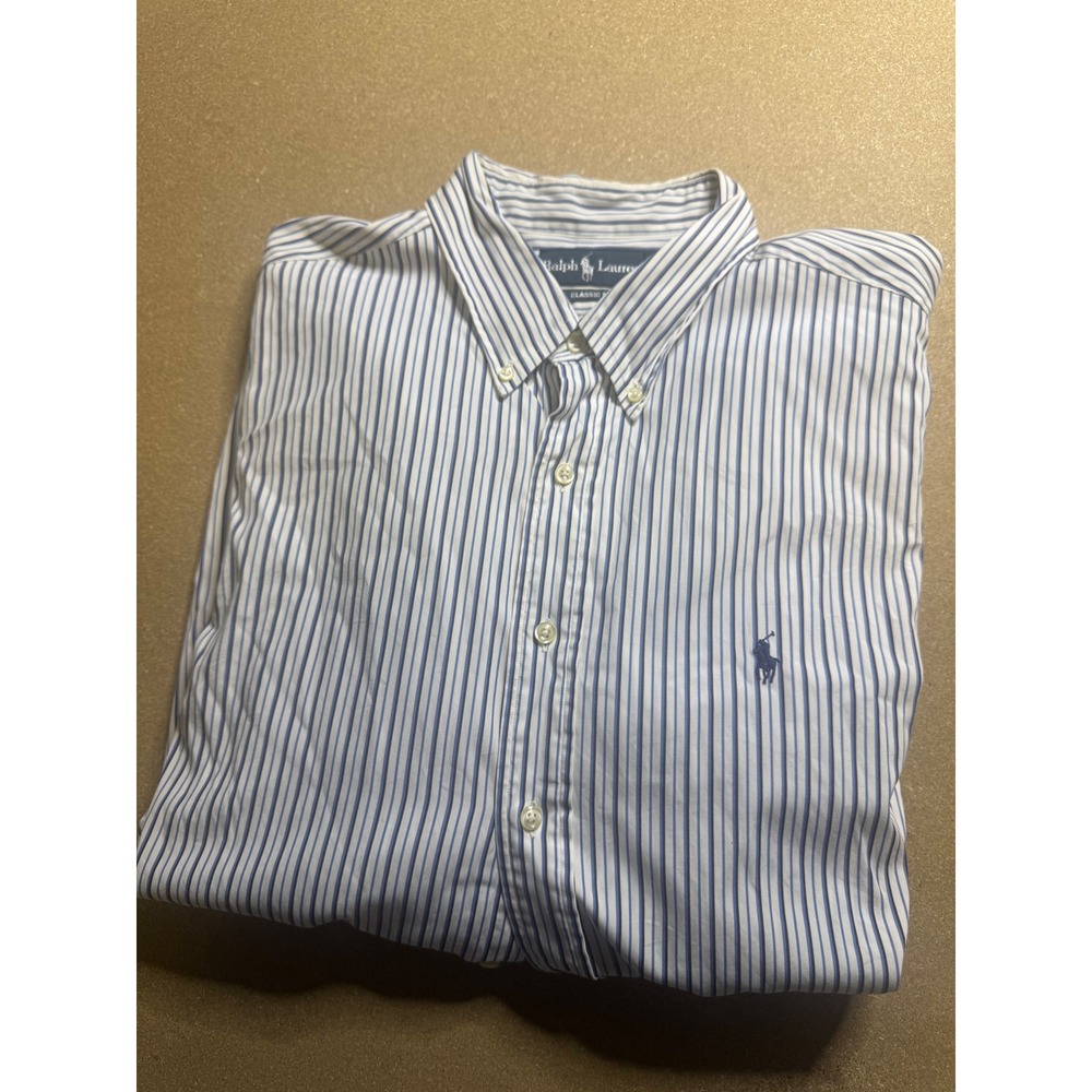 Ralph Lauren Classic‎ Fit Mens Button Down Striped Dress Shirt Blue